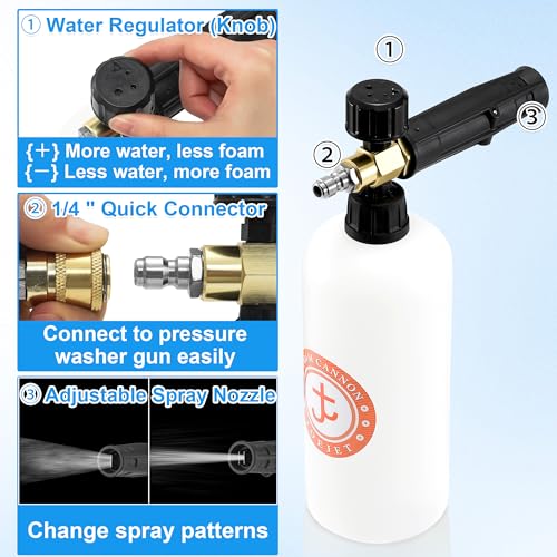 JOEJET Pressure Washer Gun with Foam Cannon, Car Wash Foam Gun with 1/4” Quick Connector, 5 Pressure Washer Nozzle Tips, 1 Liter - Image 3