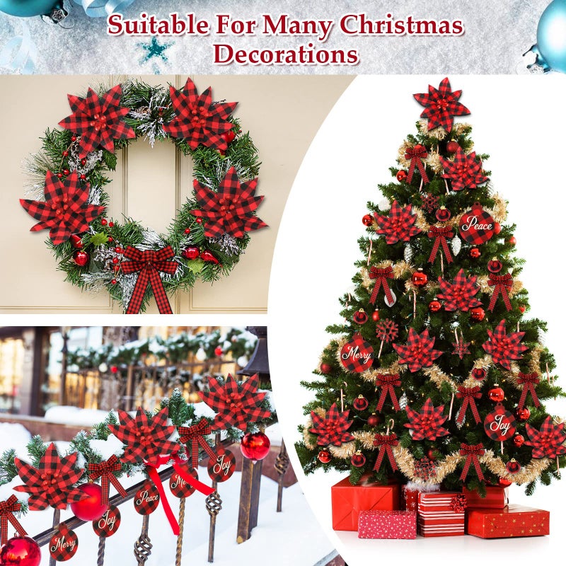 Whaline 50 Set Christmas Tree Buffalo Plaid Decoration Red Black Poinsettia Flowers Christmas Wood Ball Snowflake Hanging Ornaments Decorative Bows for Xmas Tree Holiday Ornaments - Image 4