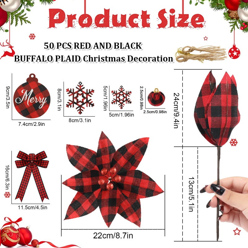 Whaline 50 Set Christmas Tree Buffalo Plaid Decoration Red Black Poinsettia Flowers Christmas Wood Ball Snowflake Hanging Ornaments Decorative Bows for Xmas Tree Holiday Ornaments - Image 2