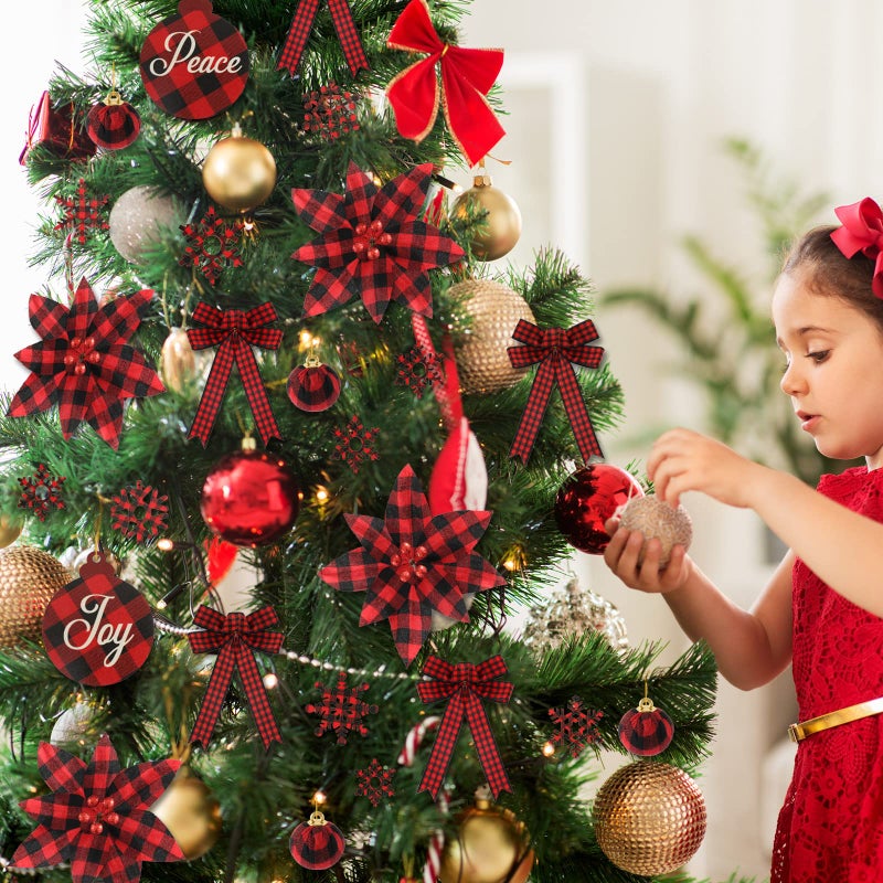 Whaline 50 Set Christmas Tree Buffalo Plaid Decoration Red Black Poinsettia Flowers Christmas Wood Ball Snowflake Hanging Ornaments Decorative Bows for Xmas Tree Holiday Ornaments - Image 5