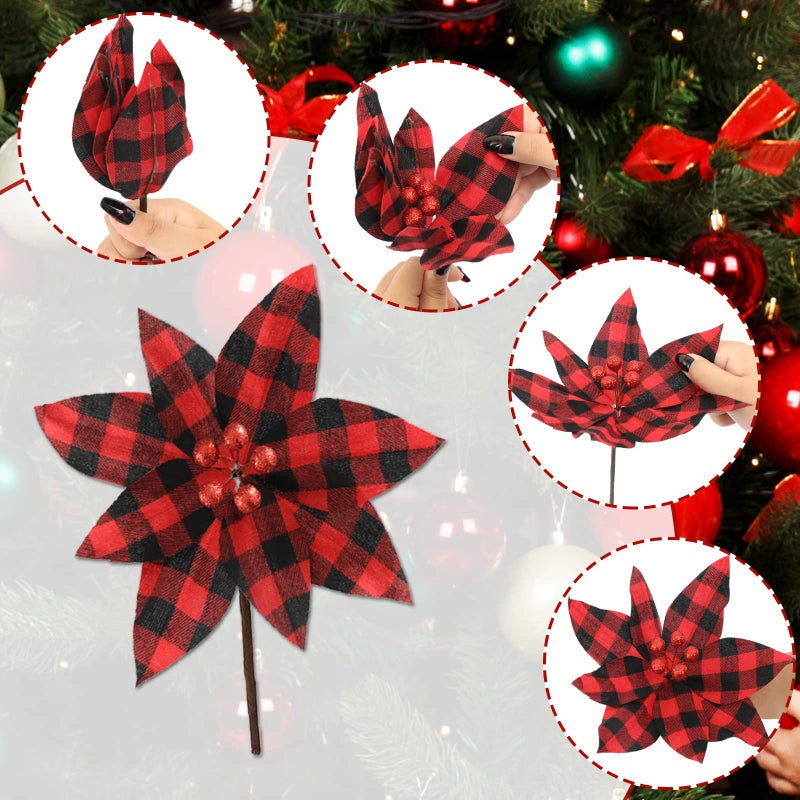 Whaline 50 Set Christmas Tree Buffalo Plaid Decoration Red Black Poinsettia Flowers Christmas Wood Ball Snowflake Hanging Ornaments Decorative Bows for Xmas Tree Holiday Ornaments - Image 3