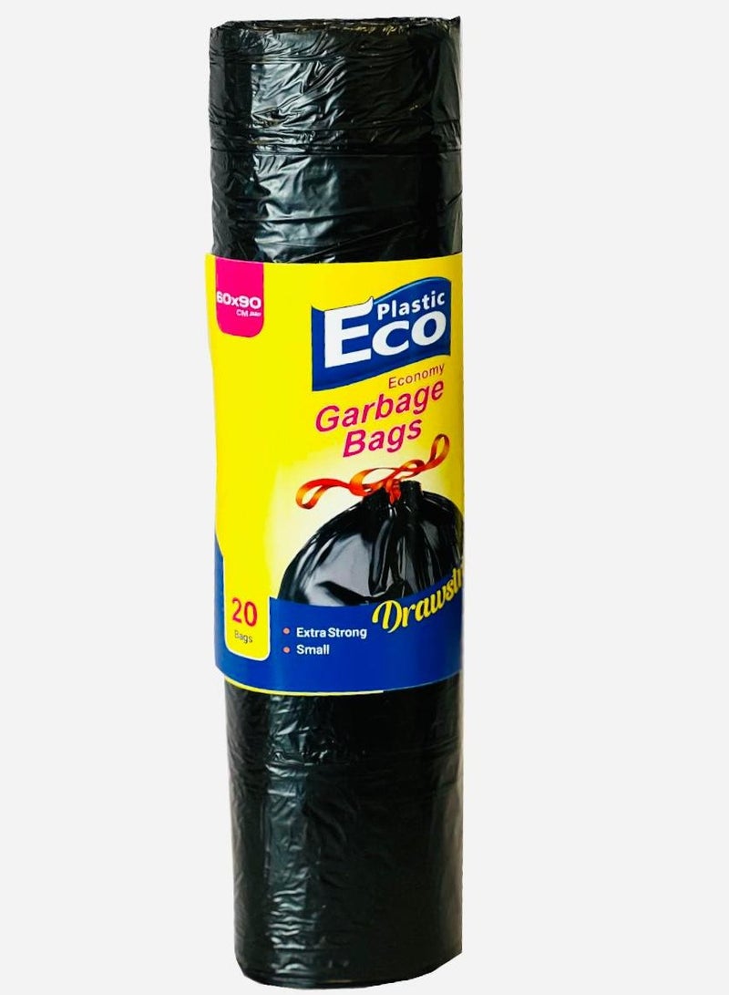 ECO Plastic Drawstring Garbage Bag 20 pieces Black 60x90cm Extra Strong (Small)  - Image 1