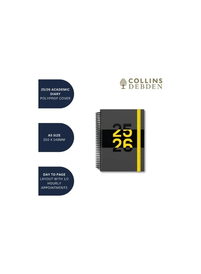 Collins Collins A5 Delta 14 Month Mid/Academic Year Planner, July 2025-August 2026 Planner, Day-to-Page Appointments Diary, A5 Wiro Bound Cover, Orange