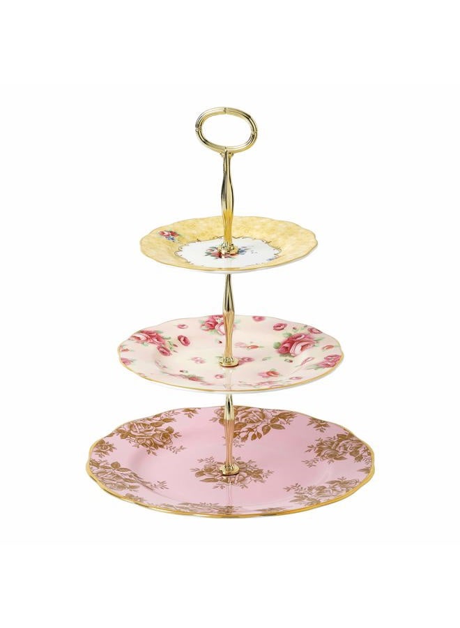 ROYAL ALBERT 100 Years 3 Tier Cakestand Bouquet Golden Rose Blue, Bone China, Multi-Colour, 27.5 x 27.5 x 6 cm - Image 1
