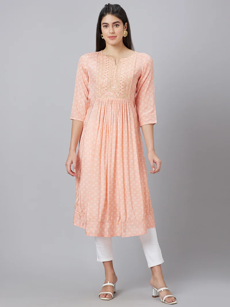 globus Women Geometric Printed Sequinned A-Line Kurta
