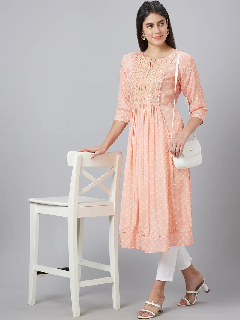 globus Women Geometric Printed Sequinned A-Line Kurta