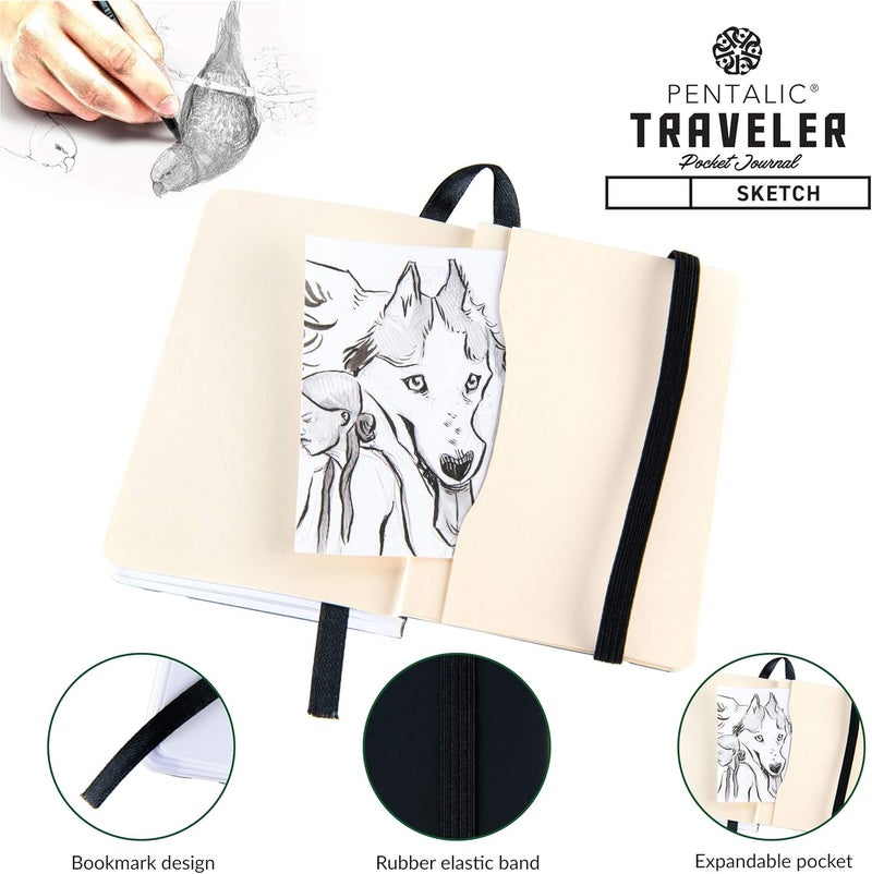 Pentalic Traveler Pocket Sketchbook Journal - 3" x 4", 160 Pages, Acid-Free Recycled Paper, Black - Image 4