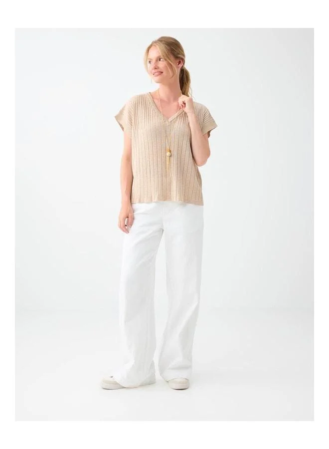 Jimmy Key Beige mélangé V-neck low-shoulder relaxed-fit knit blouse.
