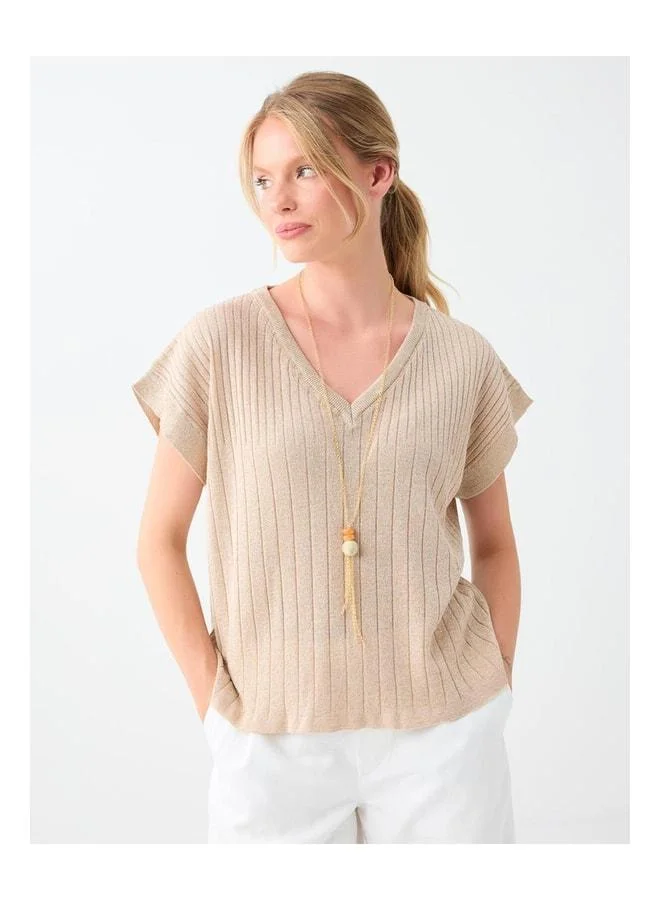 Jimmy Key Beige mélangé V-neck low-shoulder relaxed-fit knit blouse.