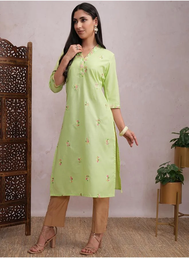 Vishudh Green Ethnic Motifs Embroidered V-Neck Thread Work Straight Kurta by Styli