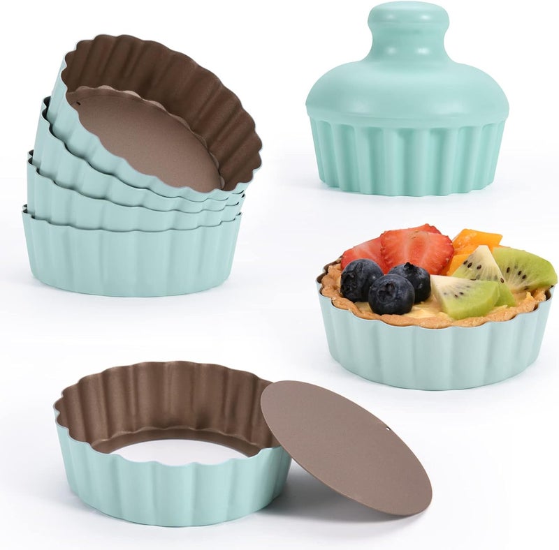 CGGYYZ Mini Round Tart Pan with Removable Bottom, Nonstick Mini Pie Pans for Baking, Carbon Steel Quiche Pan Set for Cupcake Muffin Cakes and Desserts, Including 6 Tart Pan and 1 Tart Tamper (Green) - Image 1