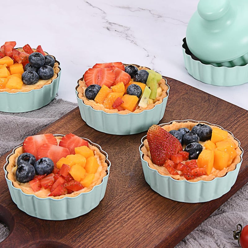 CGGYYZ Mini Round Tart Pan with Removable Bottom, Nonstick Mini Pie Pans for Baking, Carbon Steel Quiche Pan Set for Cupcake Muffin Cakes and Desserts, Including 6 Tart Pan and 1 Tart Tamper (Green) - Image 4