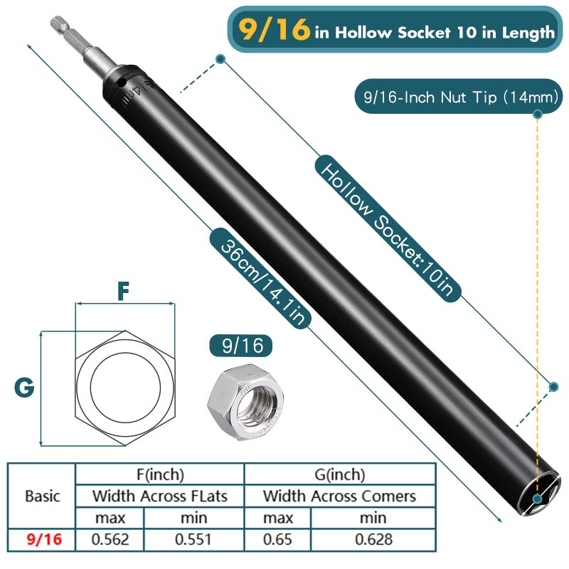 Blulu 9/16"(14mm) Power Nut Driver, Nut Runner Hollow Socket with 1/4" Hex Shank, Fit Long Bolts and Ductwork for Overhead Fastening Applications Operations(1 Pack, 10 Inch) - Image 2