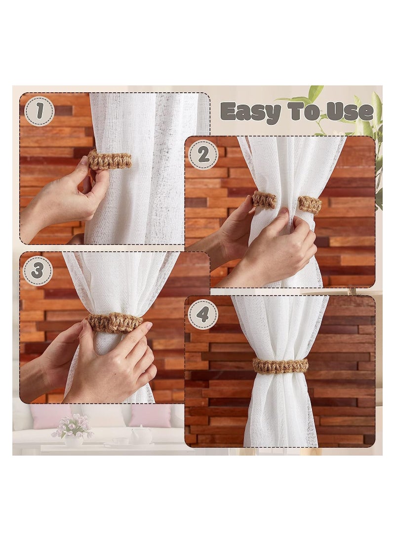 Braided Adjustable Curtain Holdbacks, Flexible Rope Tie Farmhouse Rustic Design, Handmade Tiebacks for Home Decorations, 8 Pack