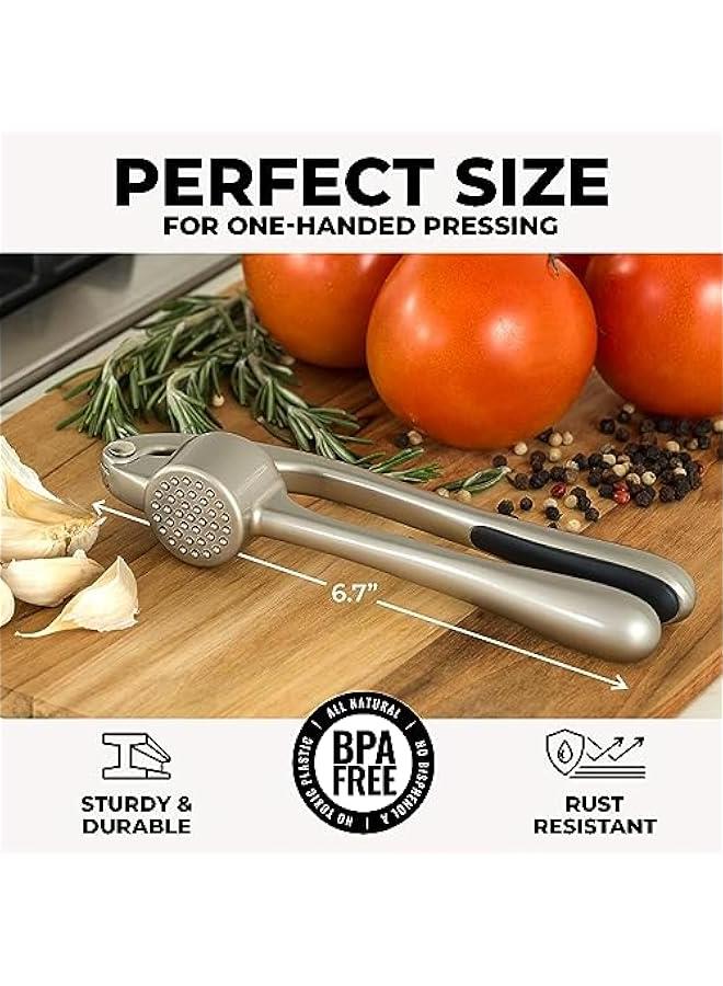 Zulay Kitchen Premium Garlic Press Set - Rust Proof u0026 Dishwasher Safe Professional Garlic Mincer Tool - Easy-Squeeze, Easy-Clean with Soft, Ergonomic Handle - Silicone Garlic Peeler u0026 Brush (Silver) - Image 2