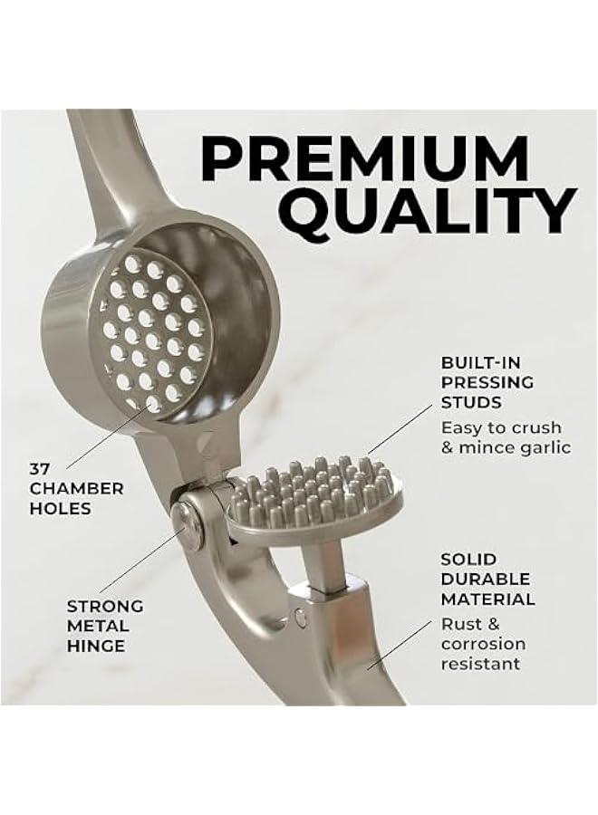 Zulay Kitchen Premium Garlic Press Set - Rust Proof u0026 Dishwasher Safe Professional Garlic Mincer Tool - Easy-Squeeze, Easy-Clean with Soft, Ergonomic Handle - Silicone Garlic Peeler u0026 Brush (Silver) - Image 3