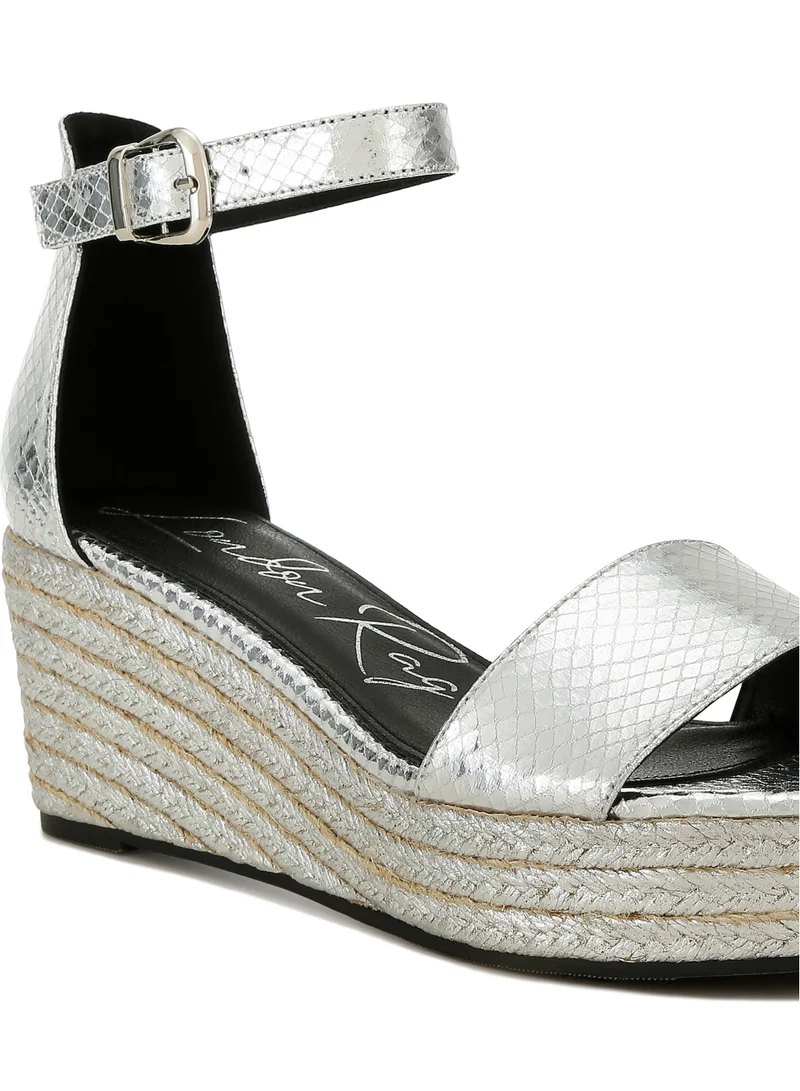 London Rag Faux Leather Snake Wedge Espadrilles in Silver