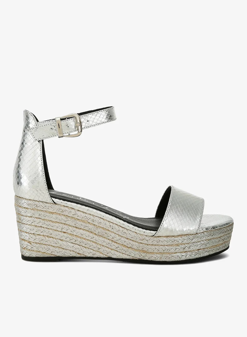 Faux Leather Snake Wedge Espadrilles in Silver