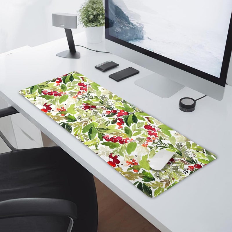 aportt Watercolor Holly Christmas Mouse Pad Green Leaves Red Berry Xmas Extended Large Mat Mousepad Desk Pad Rubber Base Stitched Edge Winter Holiday Long Keyboard Pad for Computer,31.5×11.8 Inch - Image 5