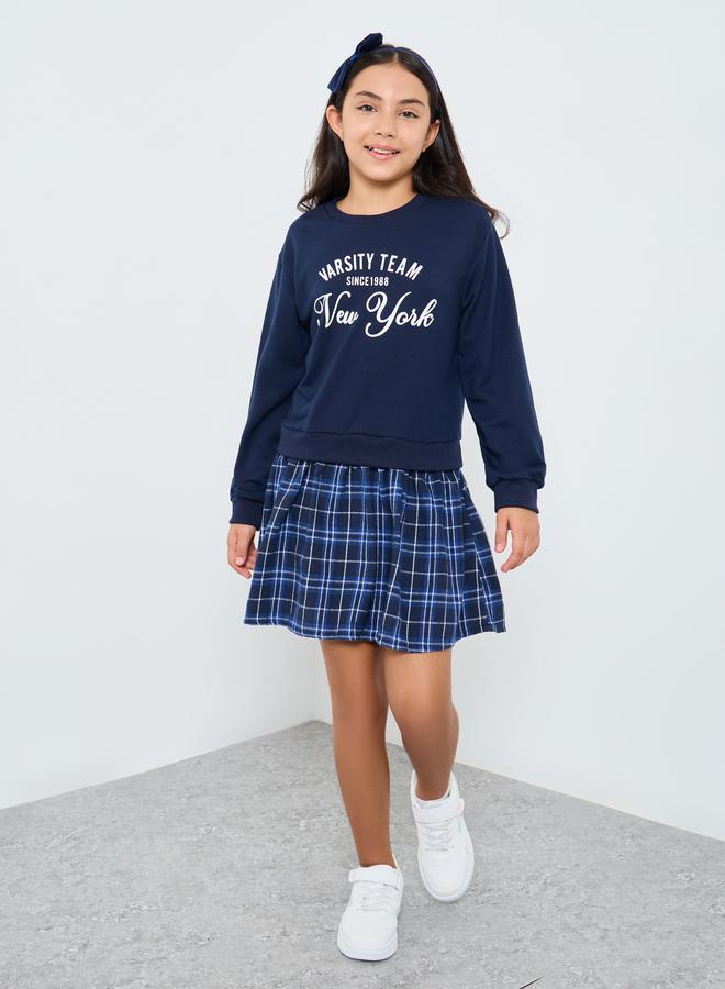 Styli Teen Navy Blue Varsity Sweatshirt Dress - Image 1