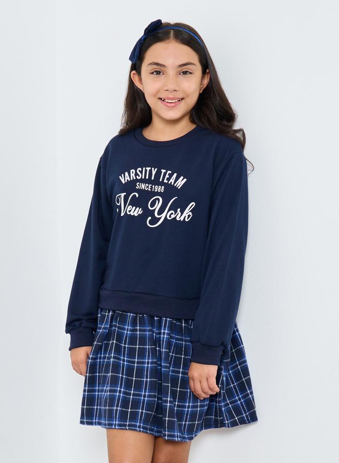 Styli Teen Navy Blue Varsity Sweatshirt Dress - Image 2