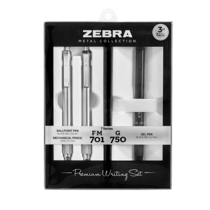 Zebra Pen G-750 Retractable Gel Pen, F-701 and M-701 Retractable Pen/Pencil Gift Set, Premium Metal Barrel, Medium/Fine Point, 3-Pack, Model Number: 10513 - Image 1