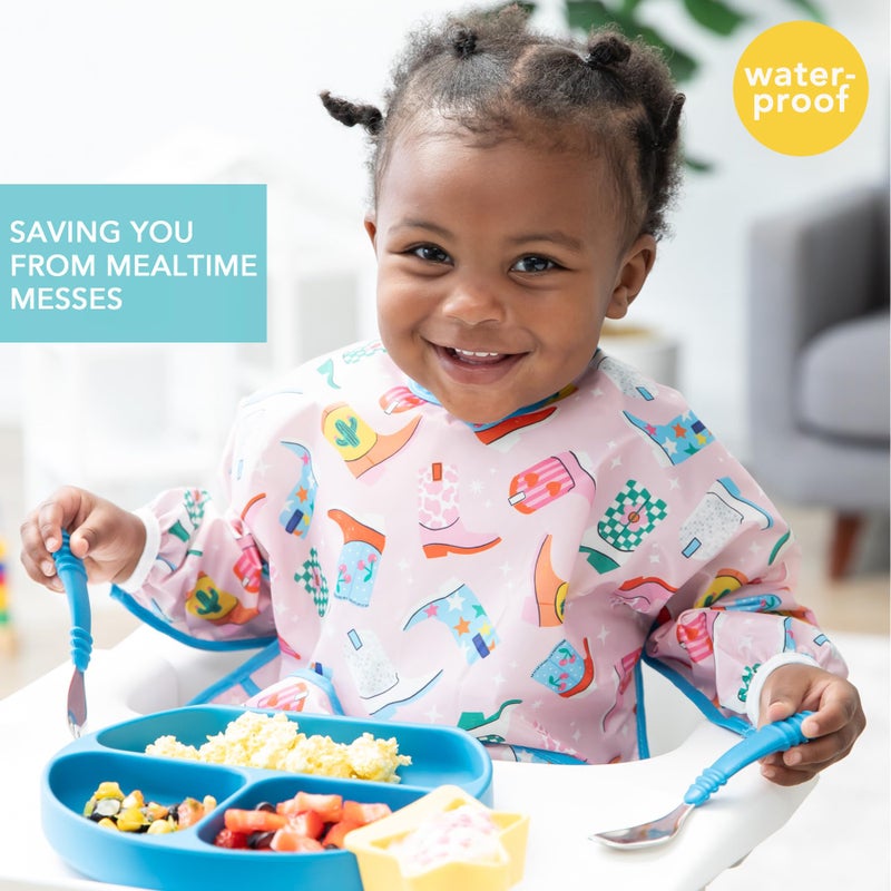 Bumkins Sleeved Bib for Girl or Boy Baby and Toddler for 6-24 Mos, Essential Must Have for Eating, Feeding, Baby Led Weaning Supplies, Long Sleeve Mess Saving Food Catcher, Soft Fabric, Cowgirl Boots - Image 2