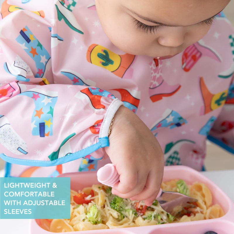 Bumkins Sleeved Bib for Girl or Boy Baby and Toddler for 6-24 Mos, Essential Must Have for Eating, Feeding, Baby Led Weaning Supplies, Long Sleeve Mess Saving Food Catcher, Soft Fabric, Cowgirl Boots - Image 4