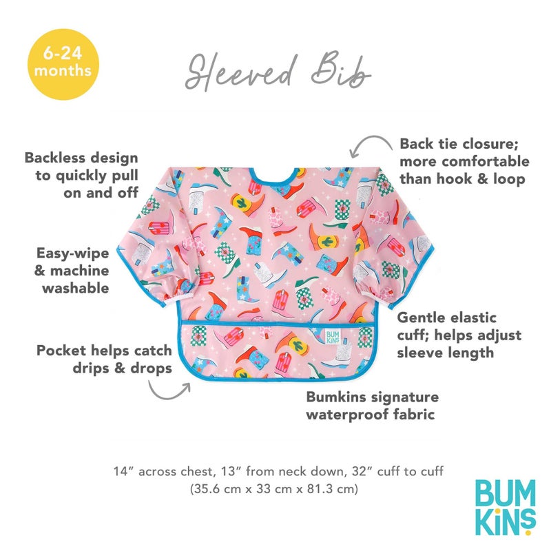 Bumkins Sleeved Bib for Girl or Boy Baby and Toddler for 6-24 Mos, Essential Must Have for Eating, Feeding, Baby Led Weaning Supplies, Long Sleeve Mess Saving Food Catcher, Soft Fabric, Cowgirl Boots - Image 5