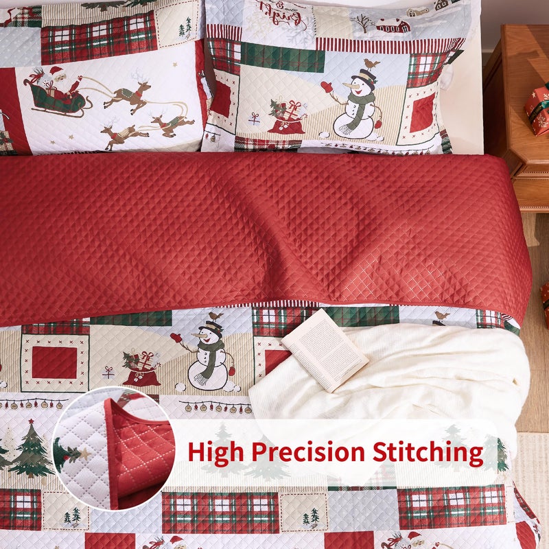 PPOLCA Christmas King Quilt Bedding Set, Snowman Printed Lightweight Reversible Bedspread Coverlet, 3-Piece Bed Cover Quilt with 2 Pillow Shams for All Season, Red - Image 3