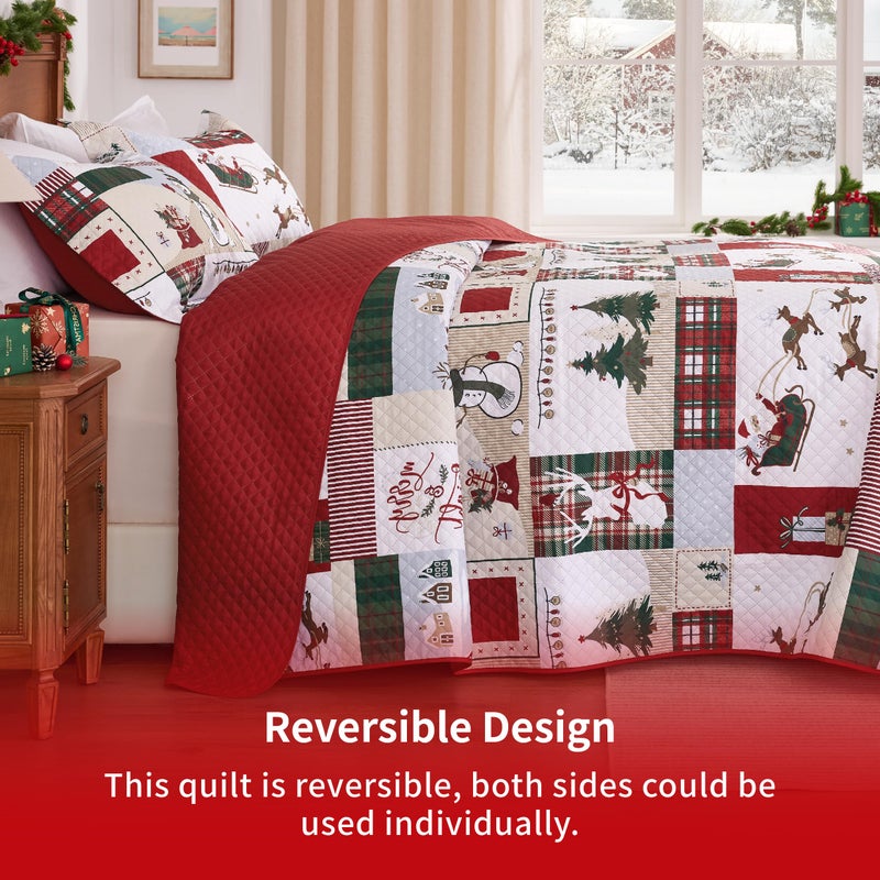 PPOLCA Christmas King Quilt Bedding Set, Snowman Printed Lightweight Reversible Bedspread Coverlet, 3-Piece Bed Cover Quilt with 2 Pillow Shams for All Season, Red - Image 2