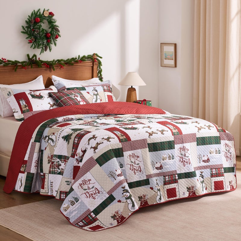 PPOLCA Christmas King Quilt Bedding Set, Snowman Printed Lightweight Reversible Bedspread Coverlet, 3-Piece Bed Cover Quilt with 2 Pillow Shams for All Season, Red - Image 5