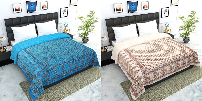 LILFLY 400 TC Pure Cotton Jaipuri Light Weight Traditional Rajasthani Print Single Bed Quilt/Razai/Rajai (Design 15, Single Bed - Set of 2 Combo Set) - Image 1