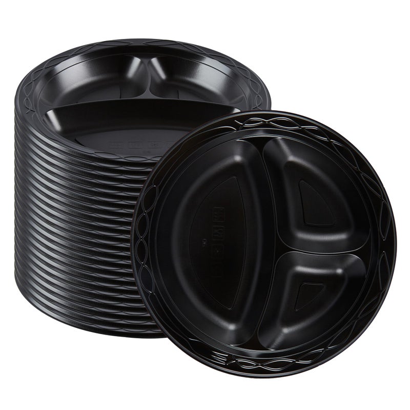 Restaurantware RW Base 9 Inch Microwavable Food Plates 50 Round Plastic Plates  3 Compartments Disposable Black Plastic Dinner Plates Serve Hot And Cold Foods For Restaurants And Cafes