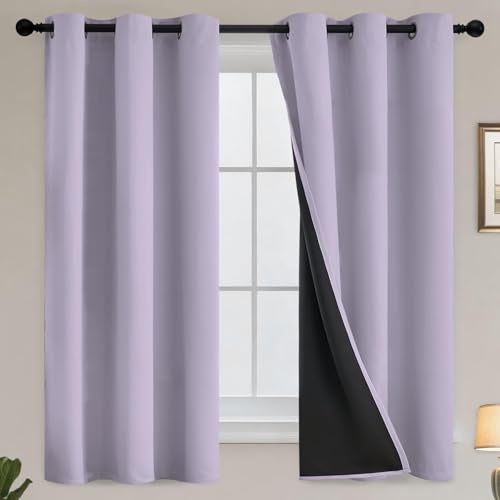 Yakamok 100 Blackout Window Curtain Panels for Bedroom Heat and Full Light Blocking Drapes with Black Liner for Nursery Thermal Insulated Solid Grommet Panels for Living Room 38Wx63L Lilac 2 Panels - Image 1