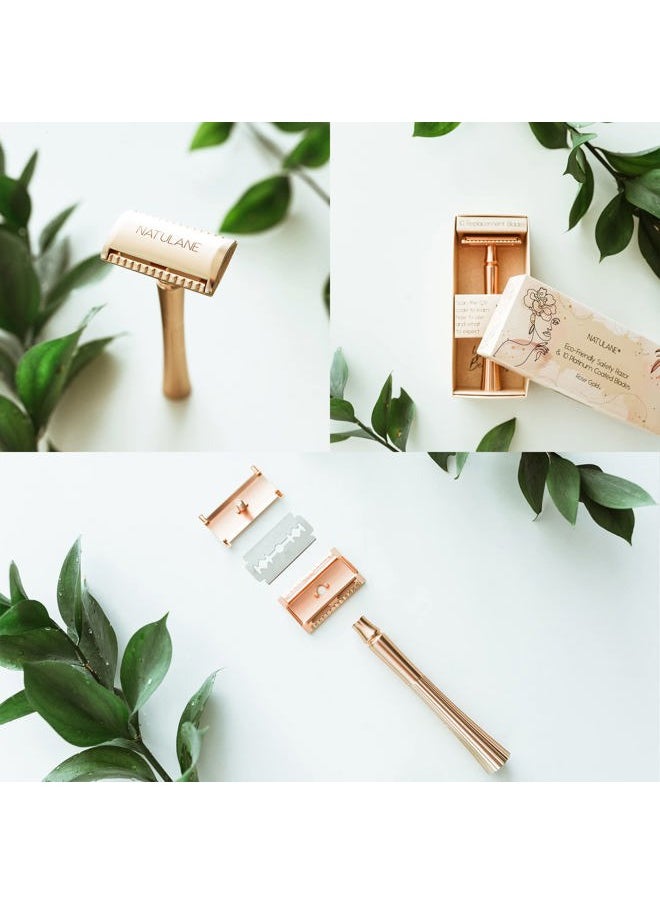 NATULANE - Eco Friendly Safety Razor For Women & Blades | Zero Waste Gift Ideas | Sustainable Shaver for Ladies | Rose Gold Straight Metal Razor | Stainless Steel Double Edge Razors | Reusable Safety Razor Women - Image 1