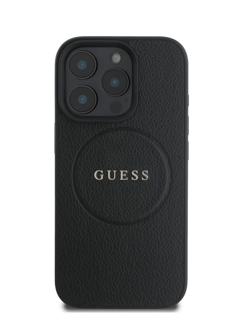 GUESS Magsafe PU Grained Hard Case With Ring And Logo for iPhone 16 Pro / Easy Snap-On / Drop Protection / Slim Back Cover - Black  - Image 1