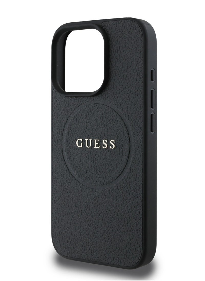 GUESS Magsafe PU Grained Hard Case With Ring And Logo for iPhone 16 Pro / Easy Snap-On / Drop Protection / Slim Back Cover - Black  - Image 2