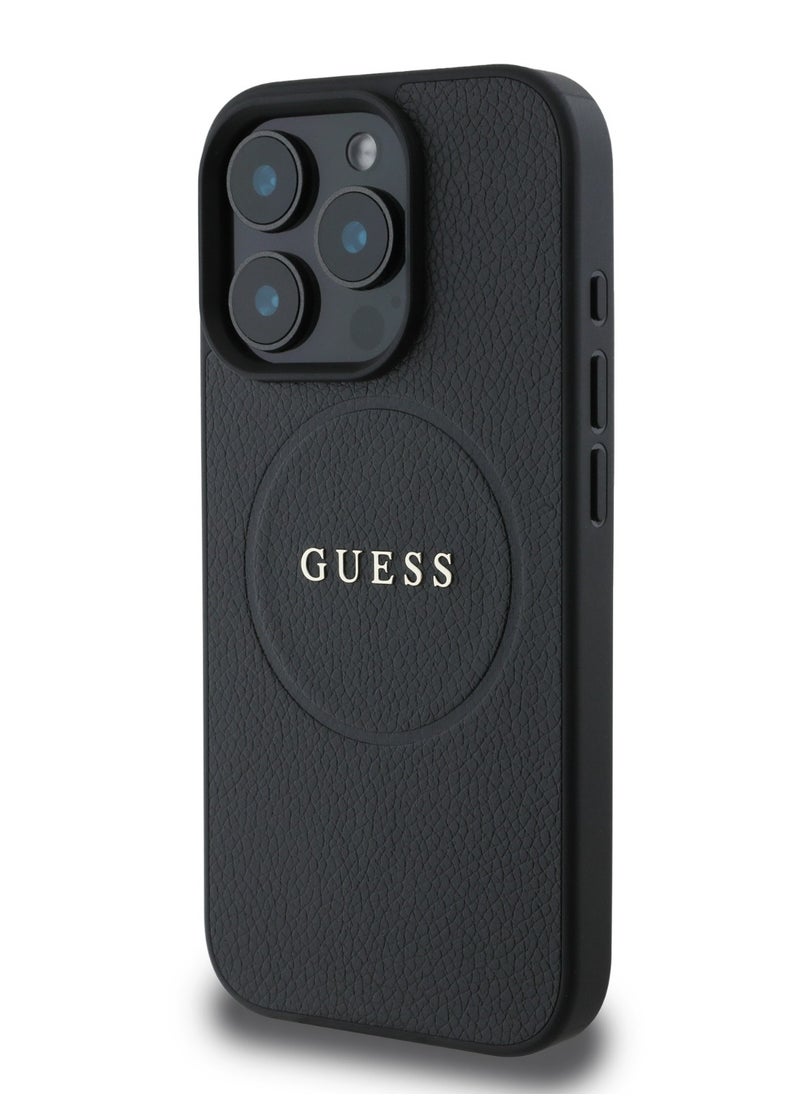 GUESS Magsafe PU Grained Hard Case With Ring And Logo for iPhone 16 Pro / Easy Snap-On / Drop Protection / Slim Back Cover - Black  - Image 3