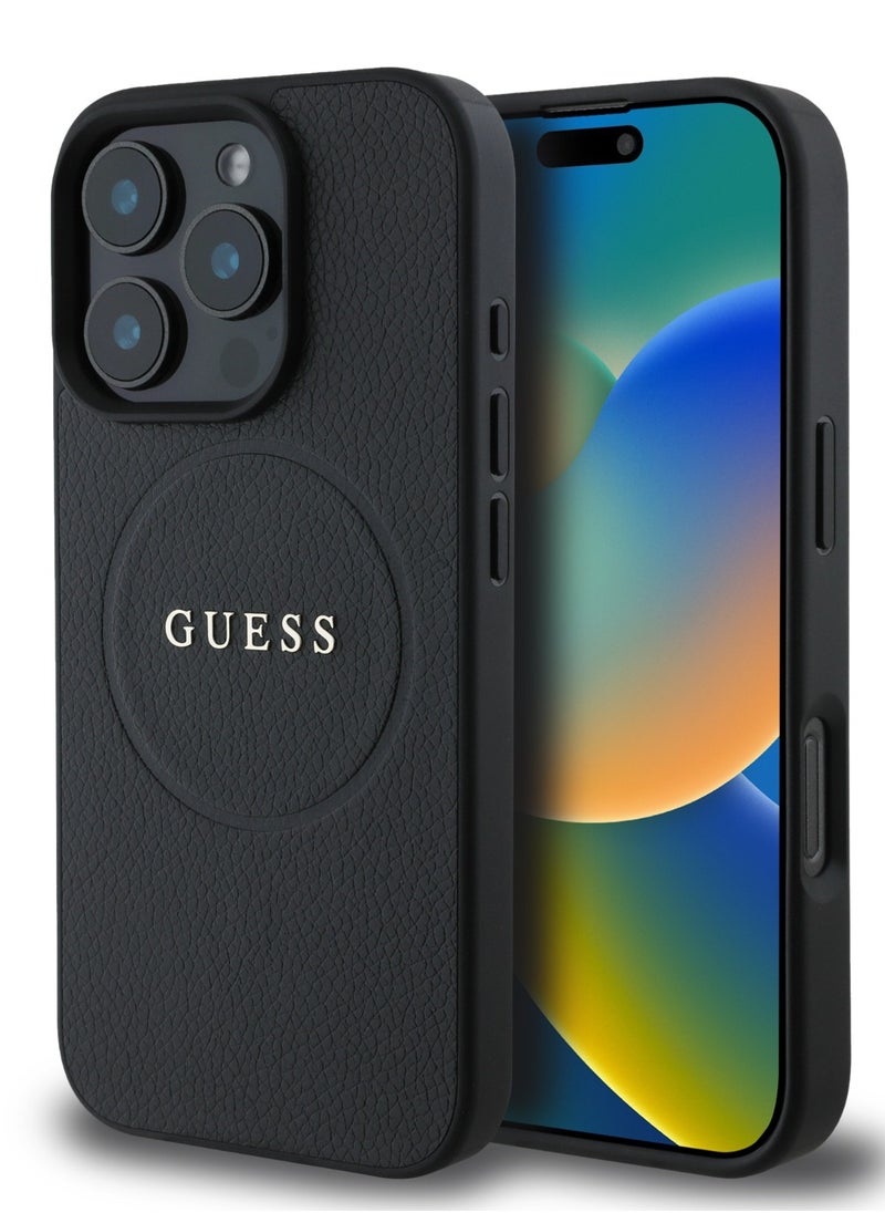 GUESS Magsafe PU Grained Hard Case With Ring And Logo for iPhone 16 Pro / Easy Snap-On / Drop Protection / Slim Back Cover - Black  - Image 4