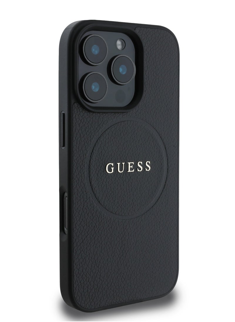 GUESS Magsafe PU Grained Hard Case With Ring And Logo for iPhone 16 Pro / Easy Snap-On / Drop Protection / Slim Back Cover - Black  - Image 5