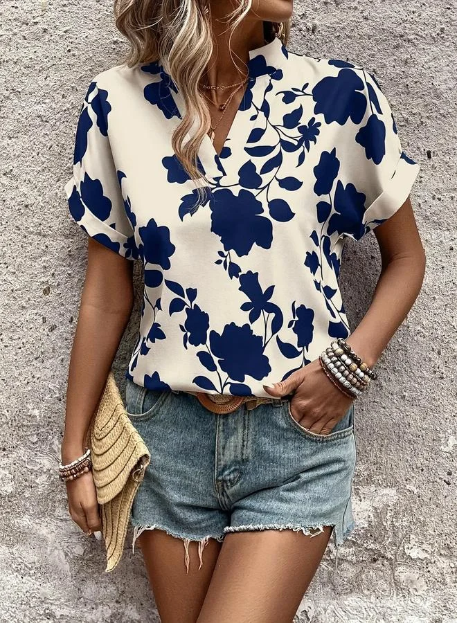 Take Two Multi-Color Floral Print V-Neck Short Sleeve Blouse