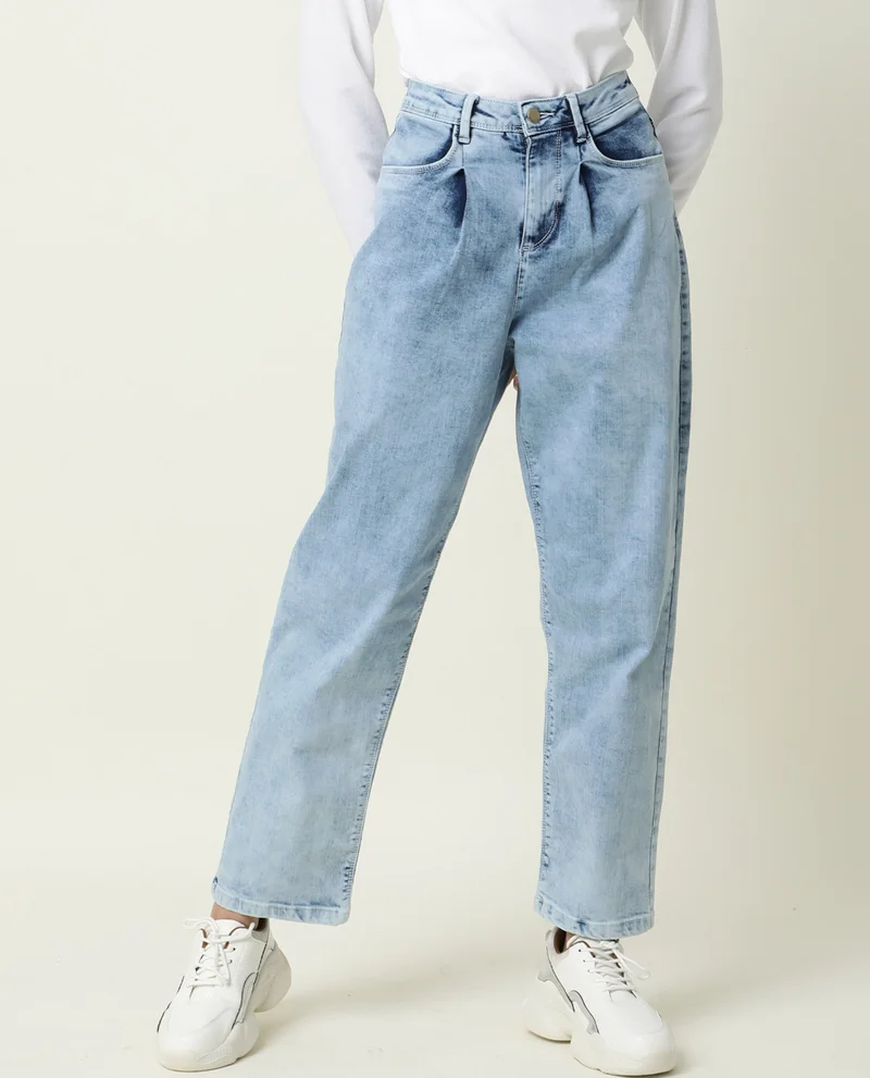 Rareism Women's Boyfriend Fit Front Pleat Tapered Jeans