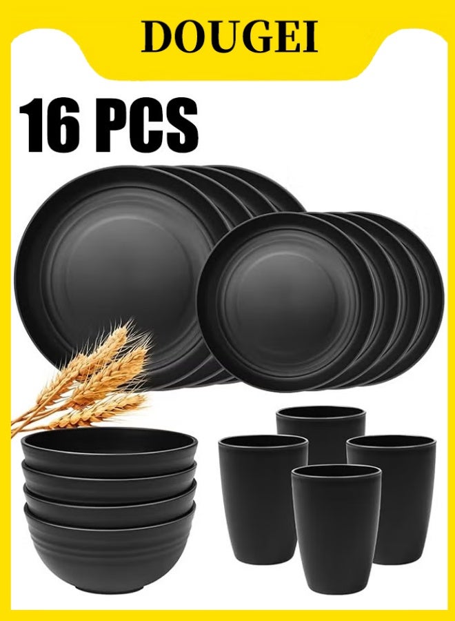 DOUGEI 16 Pieces wheatstraw Dinnerware Set with 4 Each of Dinner Plates Desert Plates Cereal Salad Bowls Cups Unbreakable Modern Dinner Set for Microwave Dishwasher Safe Reusable Black - Image 1