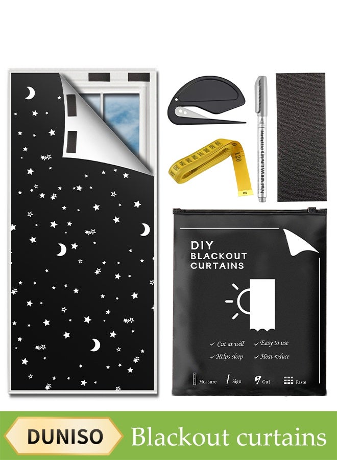 DUNISO Blackout Blinds, Free-Cut Portable Travel Curtains With Star And Moon Pattern, No Drilling Required, Travel Blackout Curtains For Home Office, Kids Room, Bedroom, Car, Etc. (300 x 145 Cm).