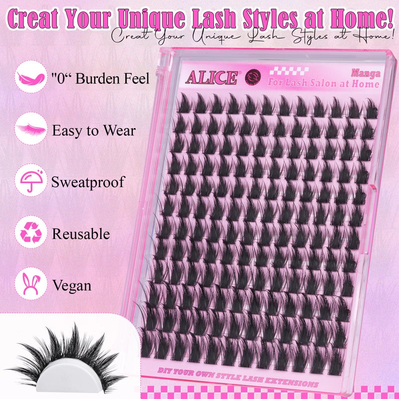 ALICE Manga Lash Clusters Wispy Cluster Eyelash Extensions with Spikes Anime Natural Eyelash Clusters Individual Lashes DIY at Home (144pcs/10-18mm/CD- Curly) - Image 3