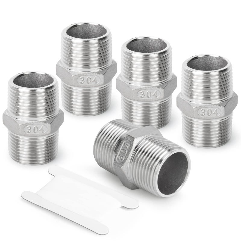 TAISHER 5PCS Cast 304 Stainless Steel Hex Nipple Pipe Fitting 1Inch Male Pipe x 1Inch Male Pipe