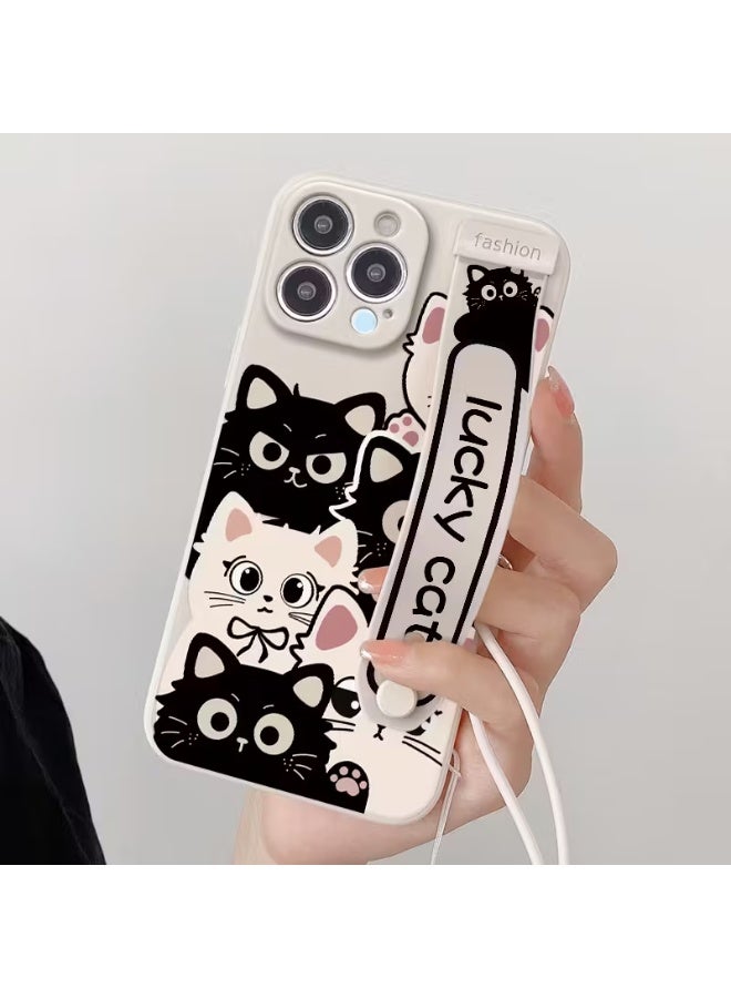 Temu A black and white cat-themed phone case with a comfortable hand strap for carrying the phone and a stylish wristband, combining protection and ease of use, suitable for iPhone 16 Pro. - Image 1