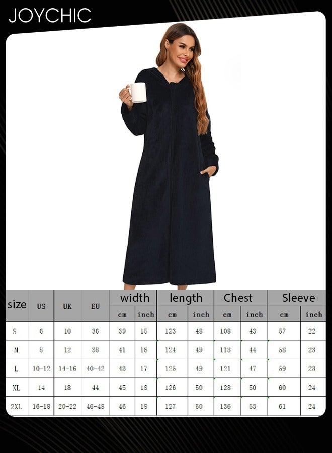 Joychic Long-sleeved Autumn and Winter Flannel Warm and Windproof Nightgown Cardigan Women Zipper Long Bedroom Pajamas with Hat and Pockets Black - Image 5