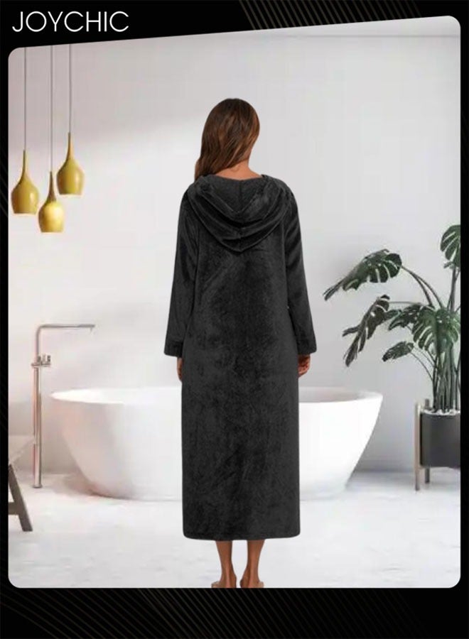 Joychic Long-sleeved Autumn and Winter Flannel Warm and Windproof Nightgown Cardigan Women Zipper Long Bedroom Pajamas with Hat and Pockets Black - Image 4